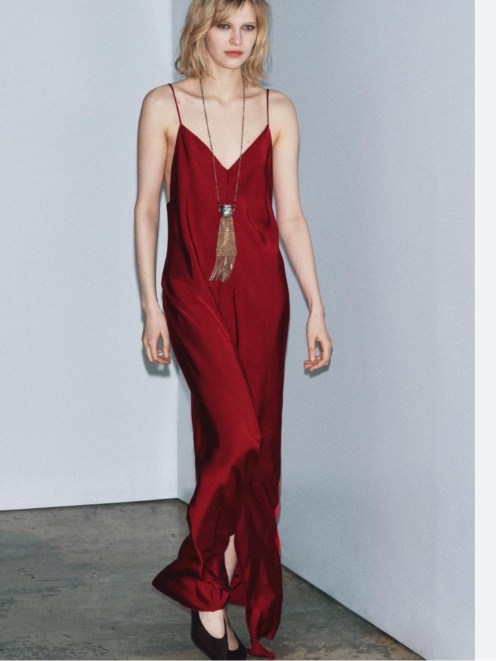 Zara Red Satin Slip Maxi Dress